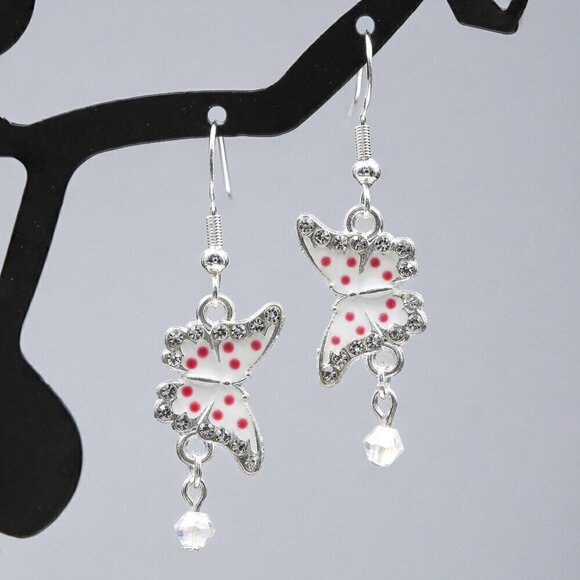 Pink Polka Dot Butterfly Earrings Handmade Sterling Silver - Picture 3 of 5